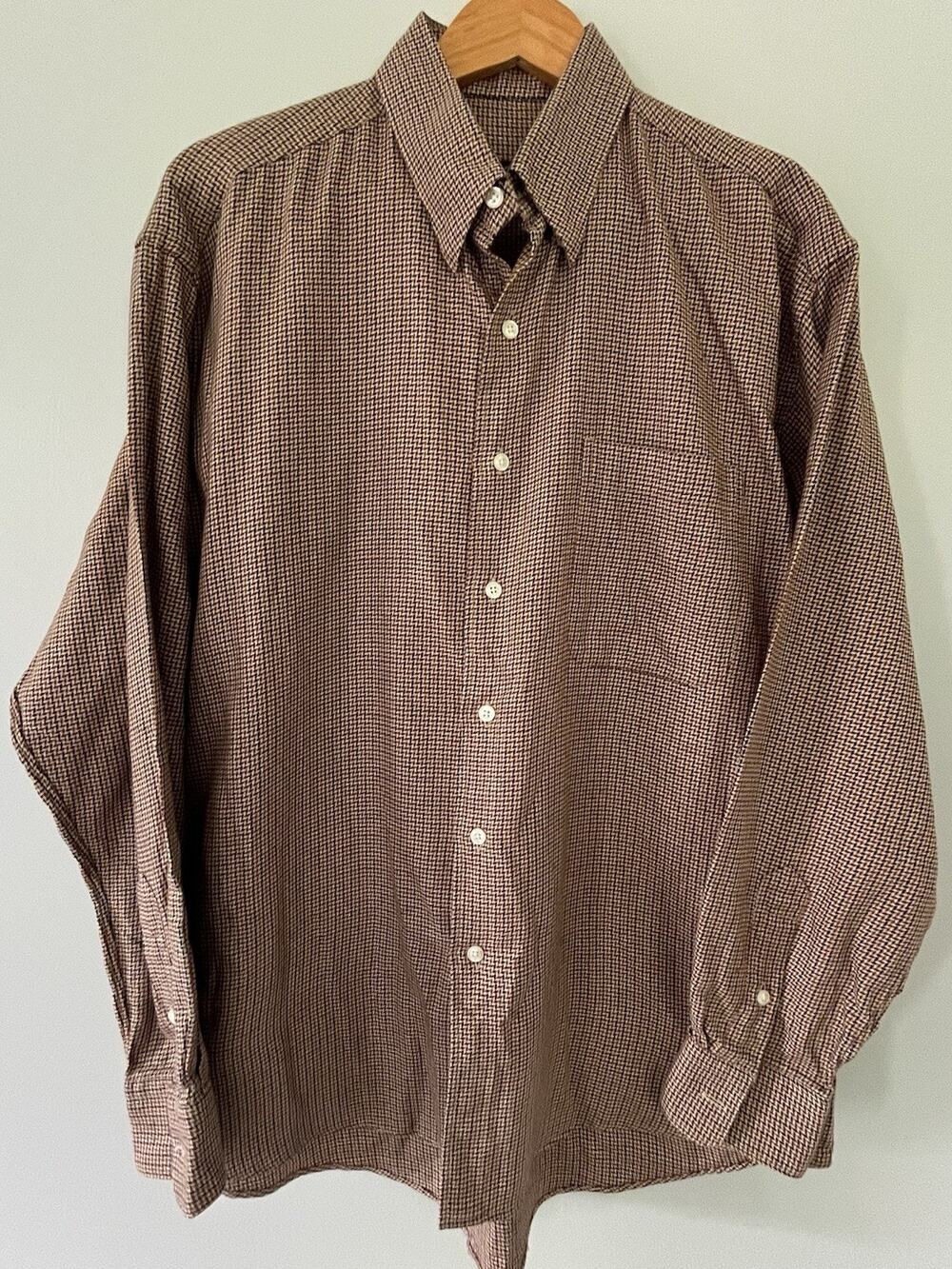 Vintage Burberry London Shirt Mens Large Brown Houndstooth Twill Made in USA